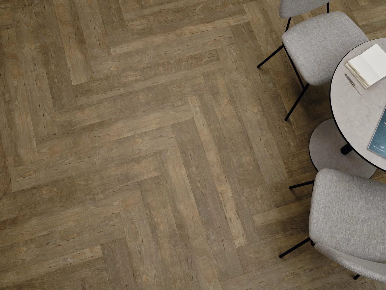 Sol Amtico en pose à bâtons rompus, décor chêne blanchi, dans un intérieur clair