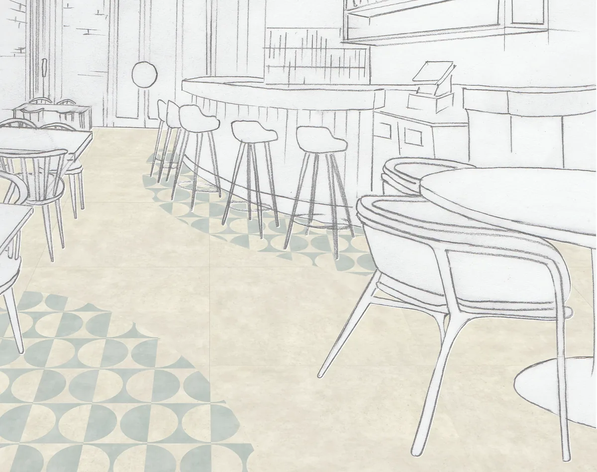 Croquis d’un bar dont le sol Amtico compose le motif Lune (Designers’ Choice DC559) en dalles Waterloo Concrete et Stucco Haze