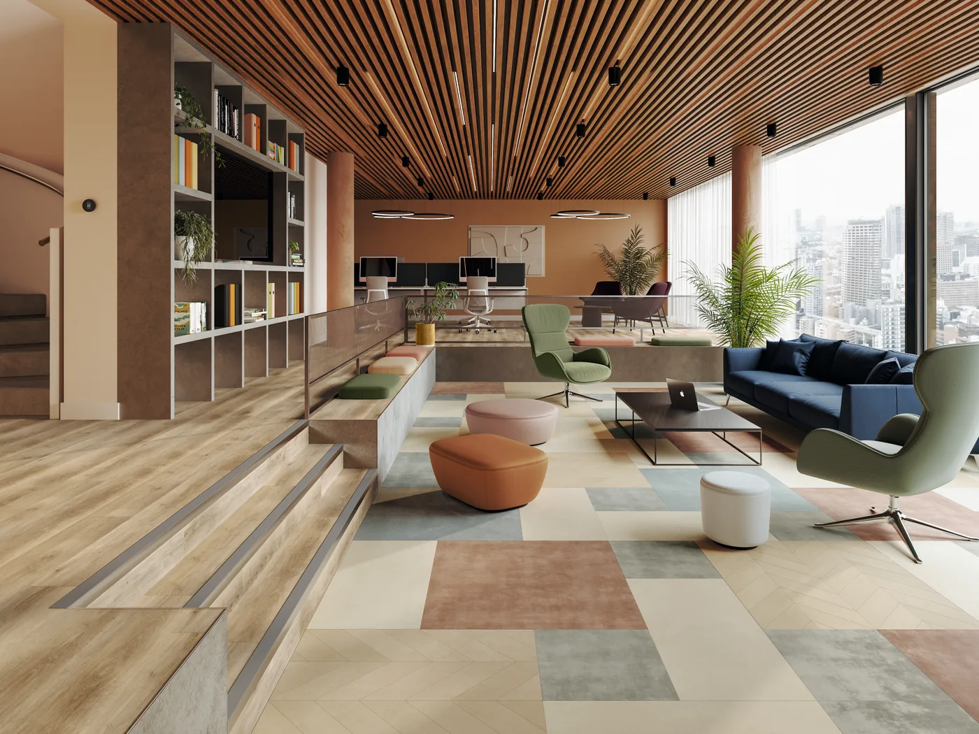 Plateau de bureaux au sol Amtico associant le bois Buxton Oak et des aplats de couleur Diffusion et Stucco