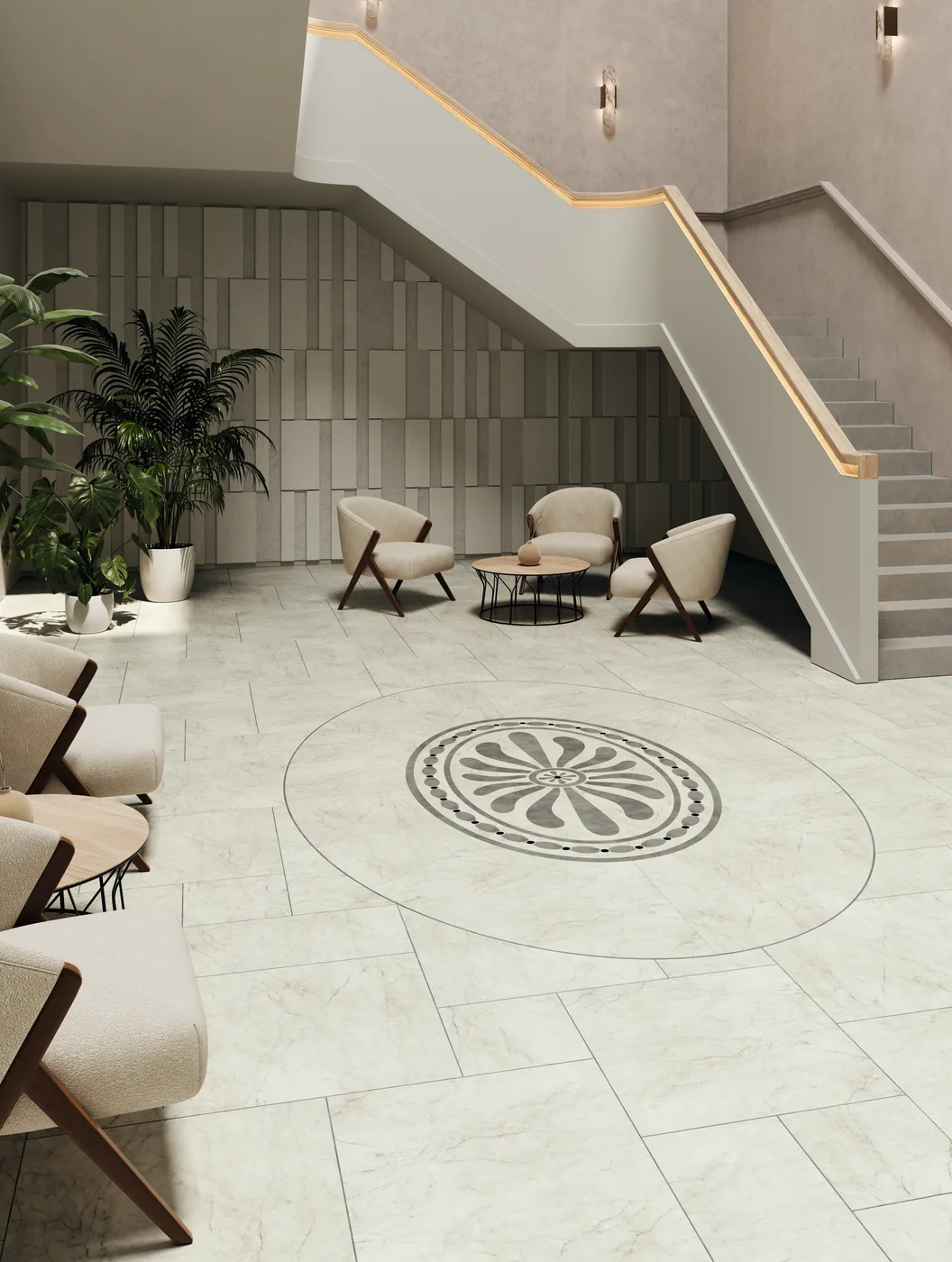 Hall d’accueil au sol Amtico Grand Flagstone orné d’une grande rosace en Onyx Marble