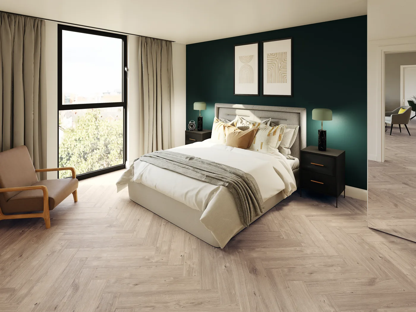 Chambre avec un sol aspect bois clair posé en bâtons rompus.
